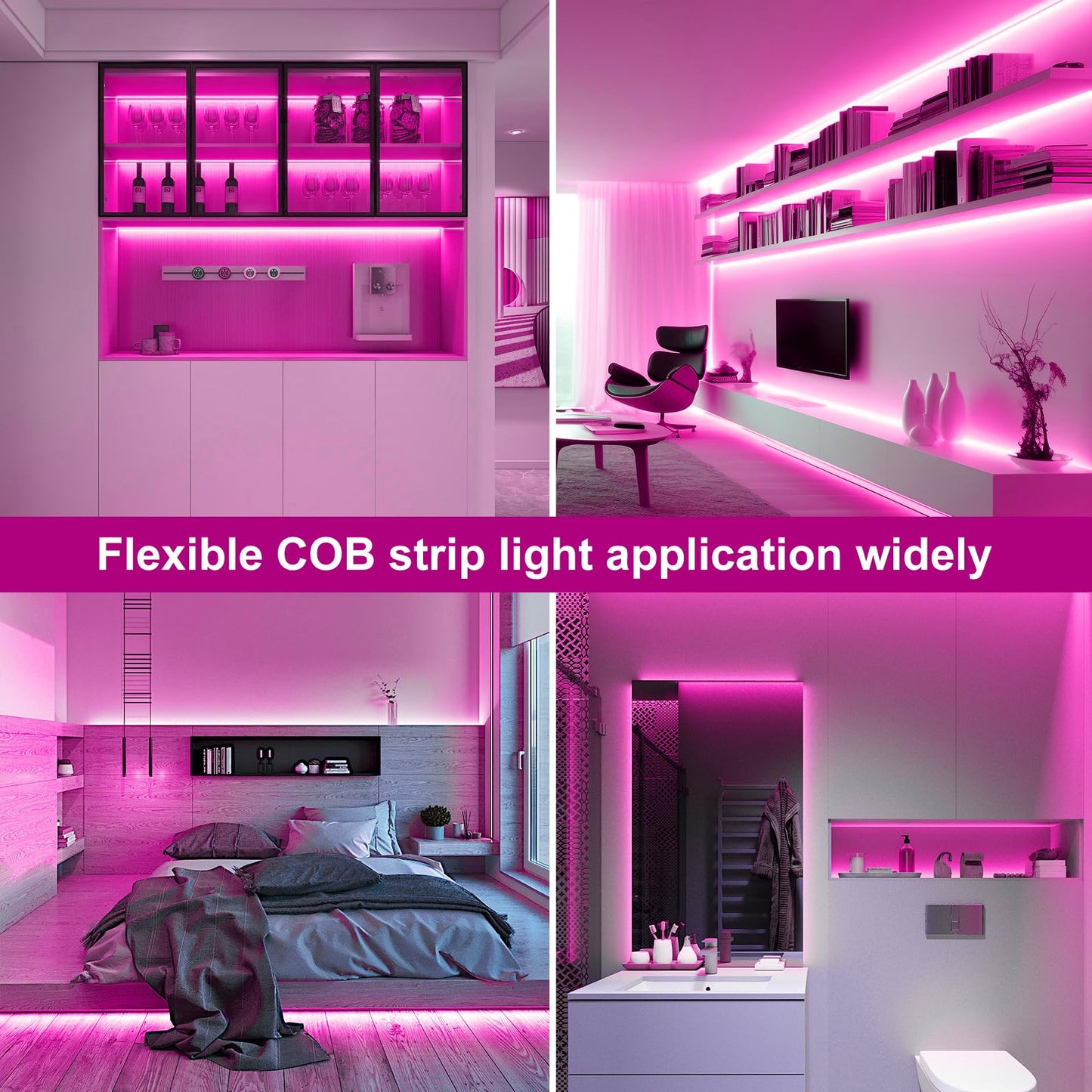 Omika Pink Cob Led Strip Lights Battery Powered With Remote  6.56Ft 640Led Light Strip Dimmable Cuttable Flexible Wireless Led Tape Light For Gifts  Bedroom  Party  Tv Backlight  Diy Decor (2 Pack)