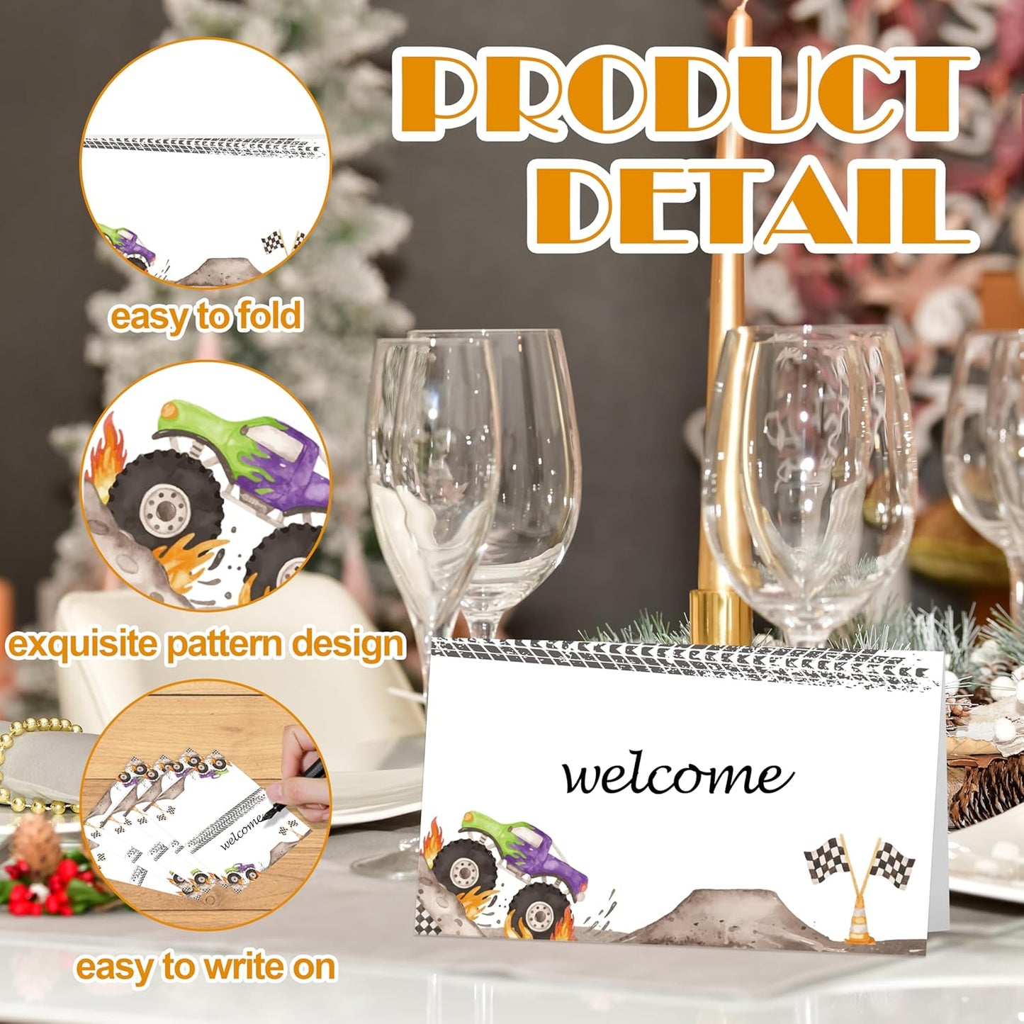 Monster Truck Place Cards, Racing Car Table Place Cards For Table Setting, Monster Jam Name Cards For Birthday Party Baby Shower Dinner Wedding, 25 Cards Included -01