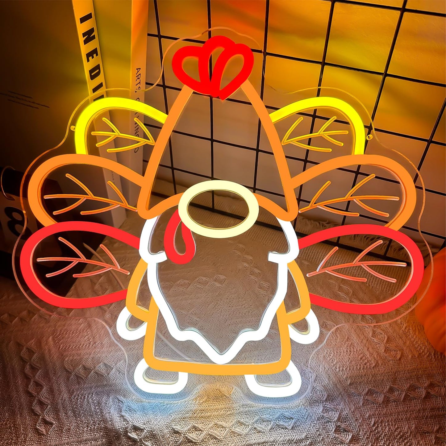 Yvuyamg Thanksgiving Gnomes Neon Sign Dimmable Turkey Fall Gnome Neon Light Sign Led Thanksgiving Gnomes Decoration For Home Turkey Gnomes With Maple Leaves Wings For Window  Indoor  Bedroom