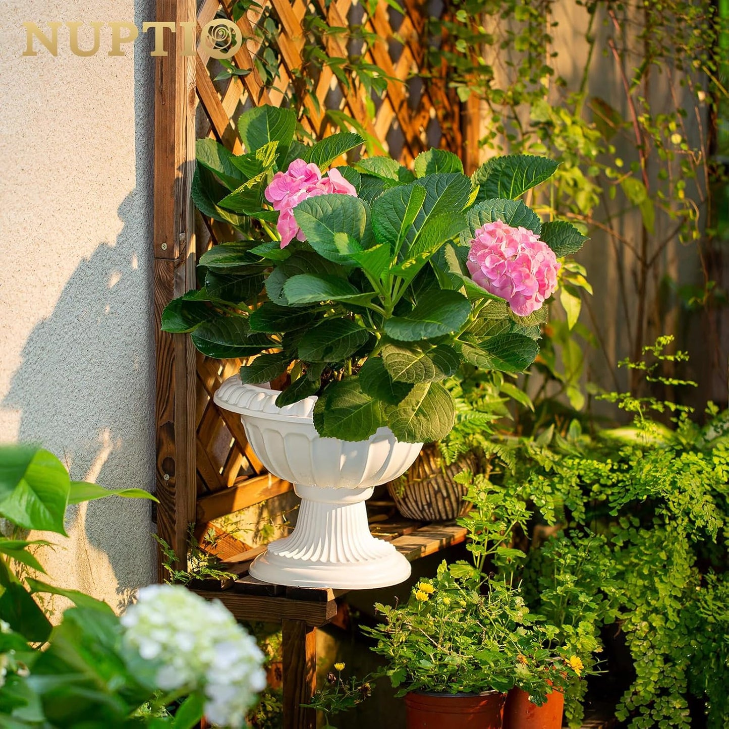 NUPTIO 2 Pcs Classic Urn Planter, 10.23 inches Height Plastic Outdoor Urn, Pedestal Plastic Planter for Garden Front Porch Door, White