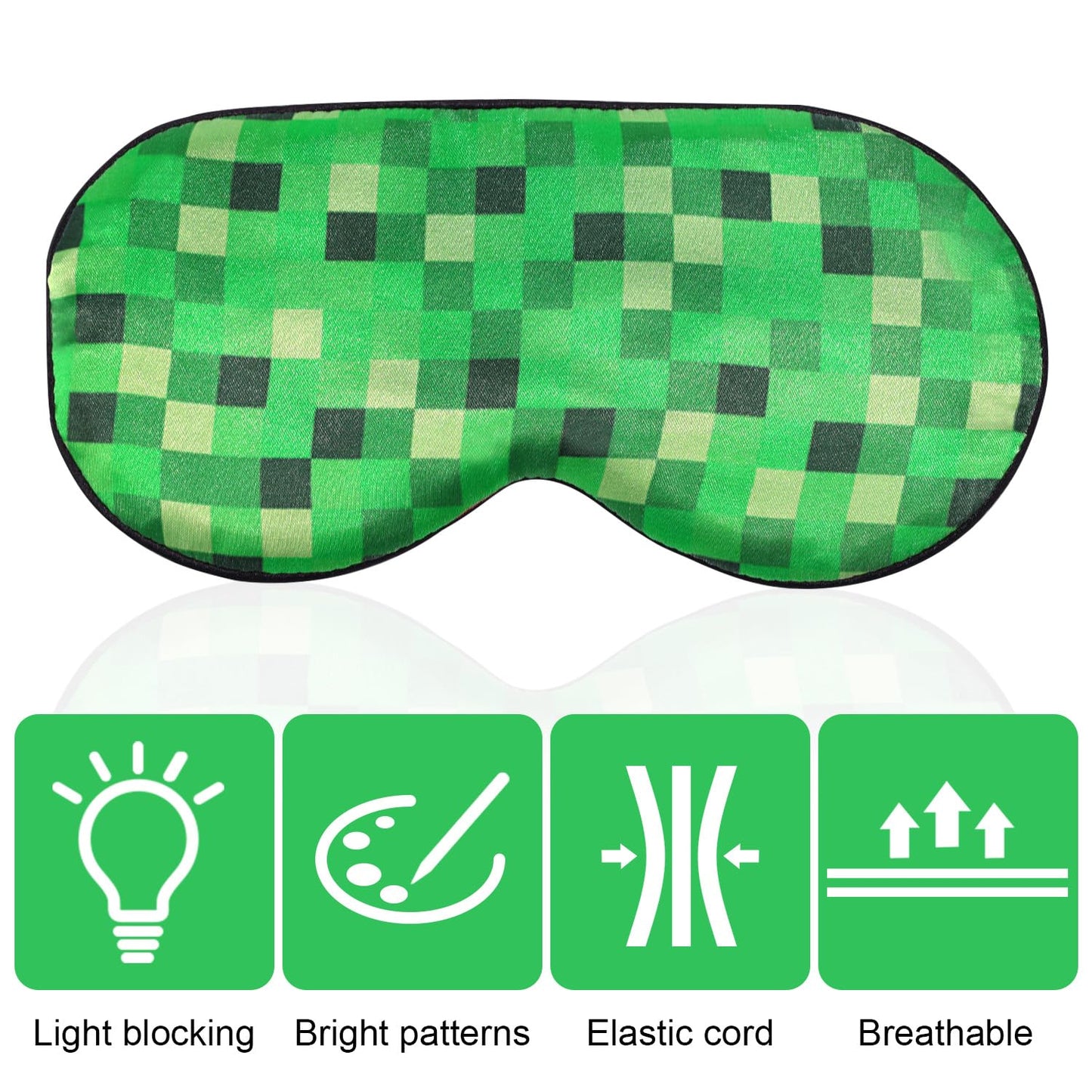 Pixel Themed Sleep Mask, Blackout Green Video Game Theme Eye Mask for Sleeping with Adjustable Elastic Strap Soft & Breathable Eye Cover for Boys Kids Men Home Office Travel Party Accessories