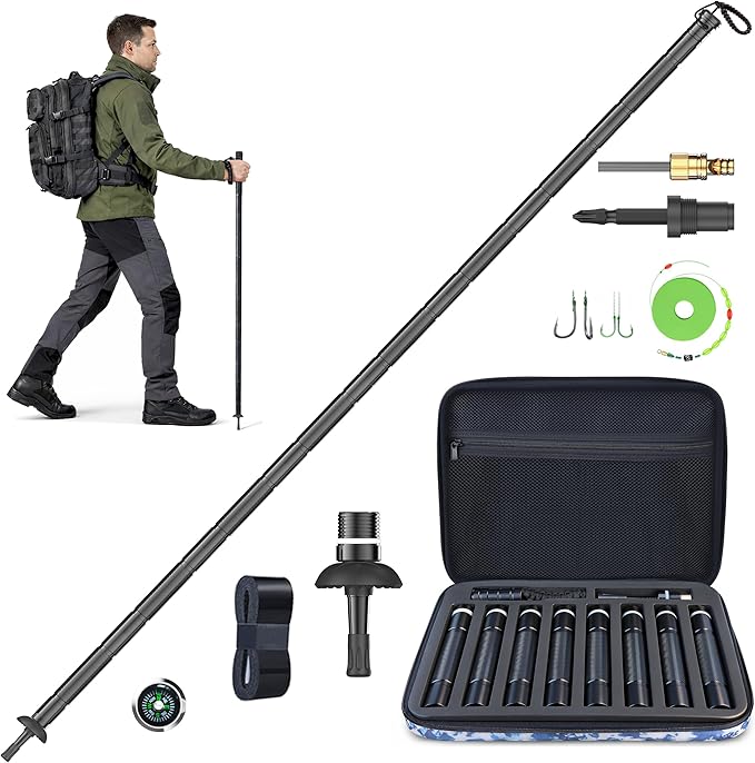 Aluminum Tactical Hiking Stick, 8-Section Adjustable Walking Staff with Accessory Storage, Modular Trekking Pole Kit for H...
