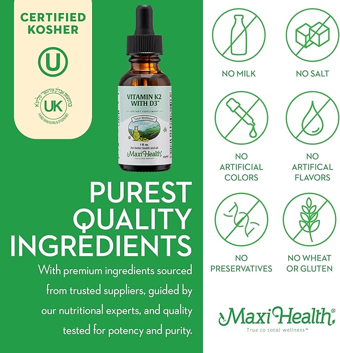 Maxi Health Liquid Vitamin D3 with K2 Drops for Long-Term Health - Vitamin K2 D3 Vitamin Supplement - D3 K2 Vitamin K and Vitamin D Supplement with Vitamin K2 MK-7 and Vit D - by Maxi Health, 1 fl oz