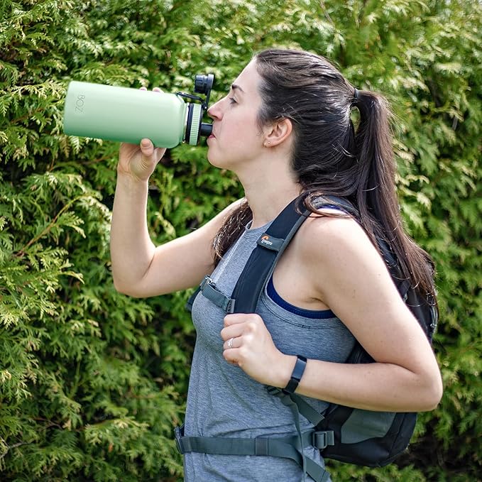 BOZ Stainless Steel Water Bottle - Vaccum Insulated Water Bottle 32 Oz - Wide Mouth BPA Free Sport Water Bottle for Gym with Spout Lid - Thermal Hot & Cold 1 Litre Green Water Bottle