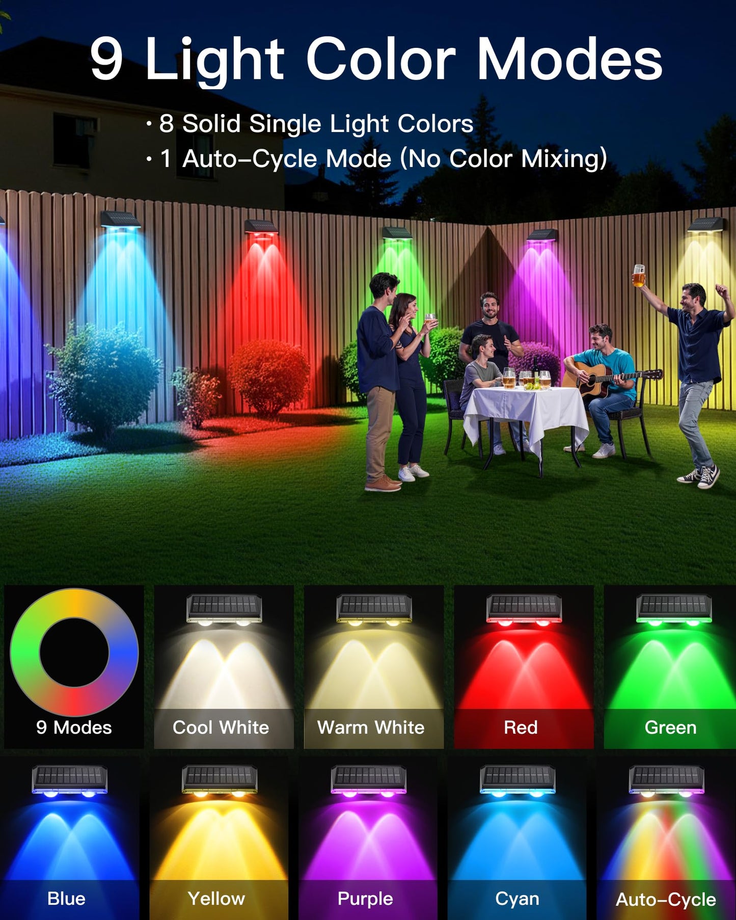 KEILAIMO Solar Fence Lights Outdoor, 12 Pack IP65 Waterproof Fence Lights Solar Powered with Ultra-Bright LED Lens, 9 Color Modes, 12+ Hours Steady Glow for Deck/Backyard/Patio/Pool/Wall - Black