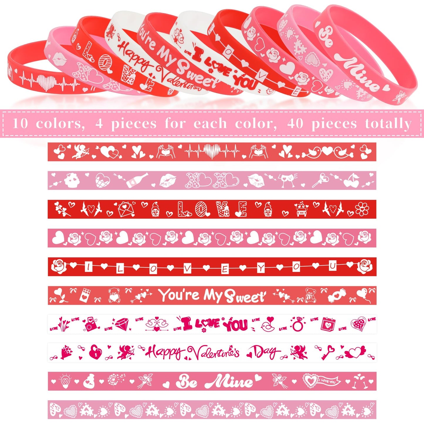 CCINEE 40Pcs Happy Valentines Day Rubber Bracelet Bulk Colorful Valentine's Day Silicone Wristbands Pink Red Love Heart Rubber B