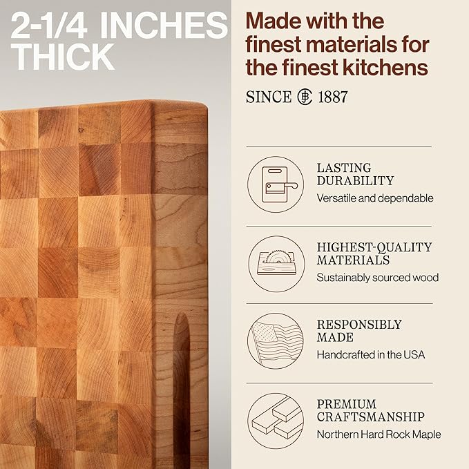 John Boos CCB Series Square Wooden Maple Cutting Board 18”x18” – 2.25” Thick, 22-lb Reversible Butcher Block with End-Grain & Finger Grips – Made in the USA