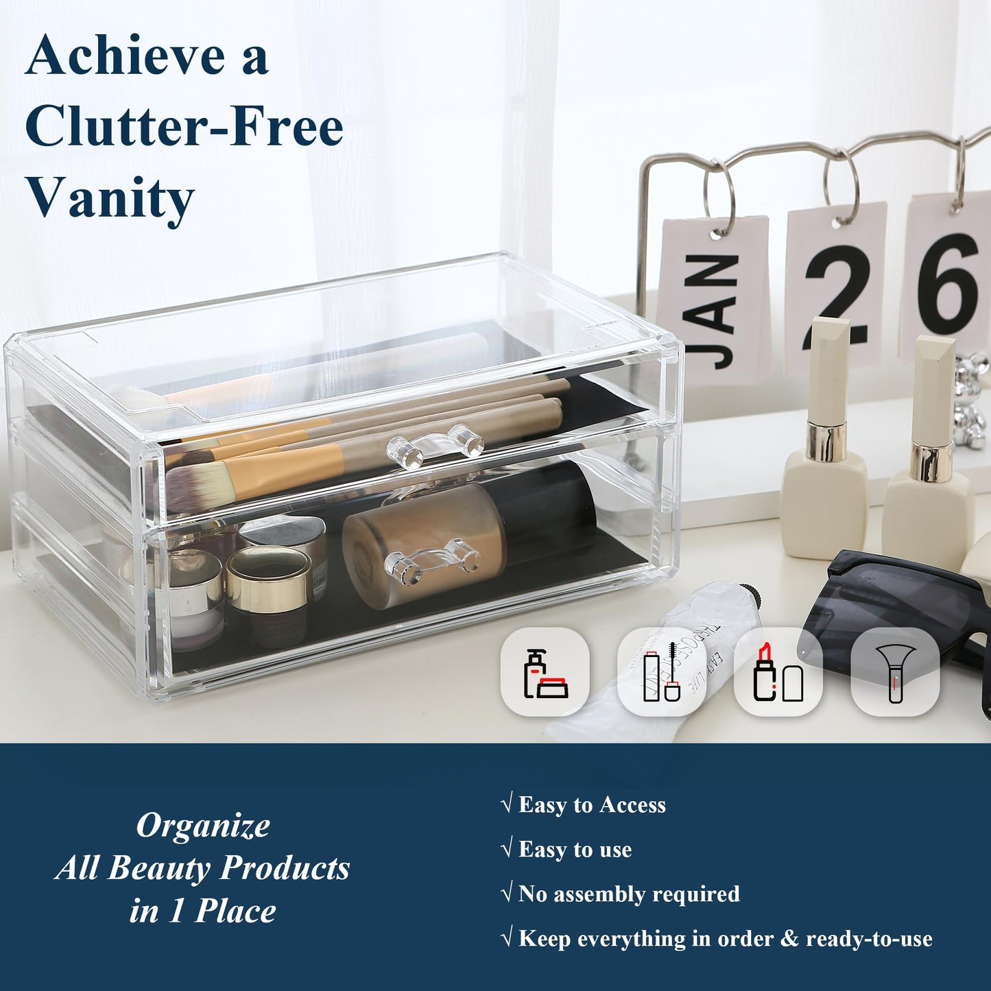 Sea Team Clear Makeup Organizer with Drawers, Acrylic Plastic Cosmetic Display Case, Jewelry Storage Box, Holder for Dresser, Ba