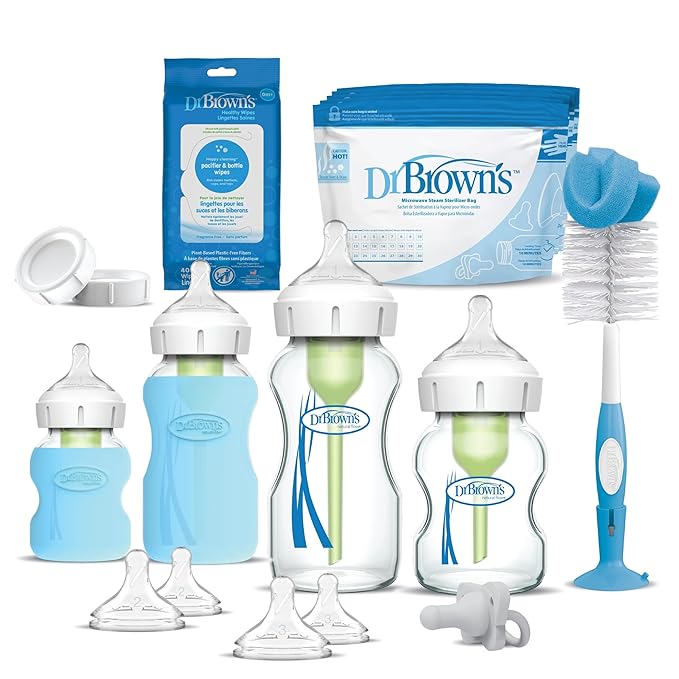 Dr. Brown's Natural Flow Anti-Colic Options+ Wide-Neck Glass Baby Bottle Starter Set with 100% Silicone Glass Bottle Sleeves, Baby Bottle Brush, Prevent Pacifier and Pacifier and Bottle Wipes