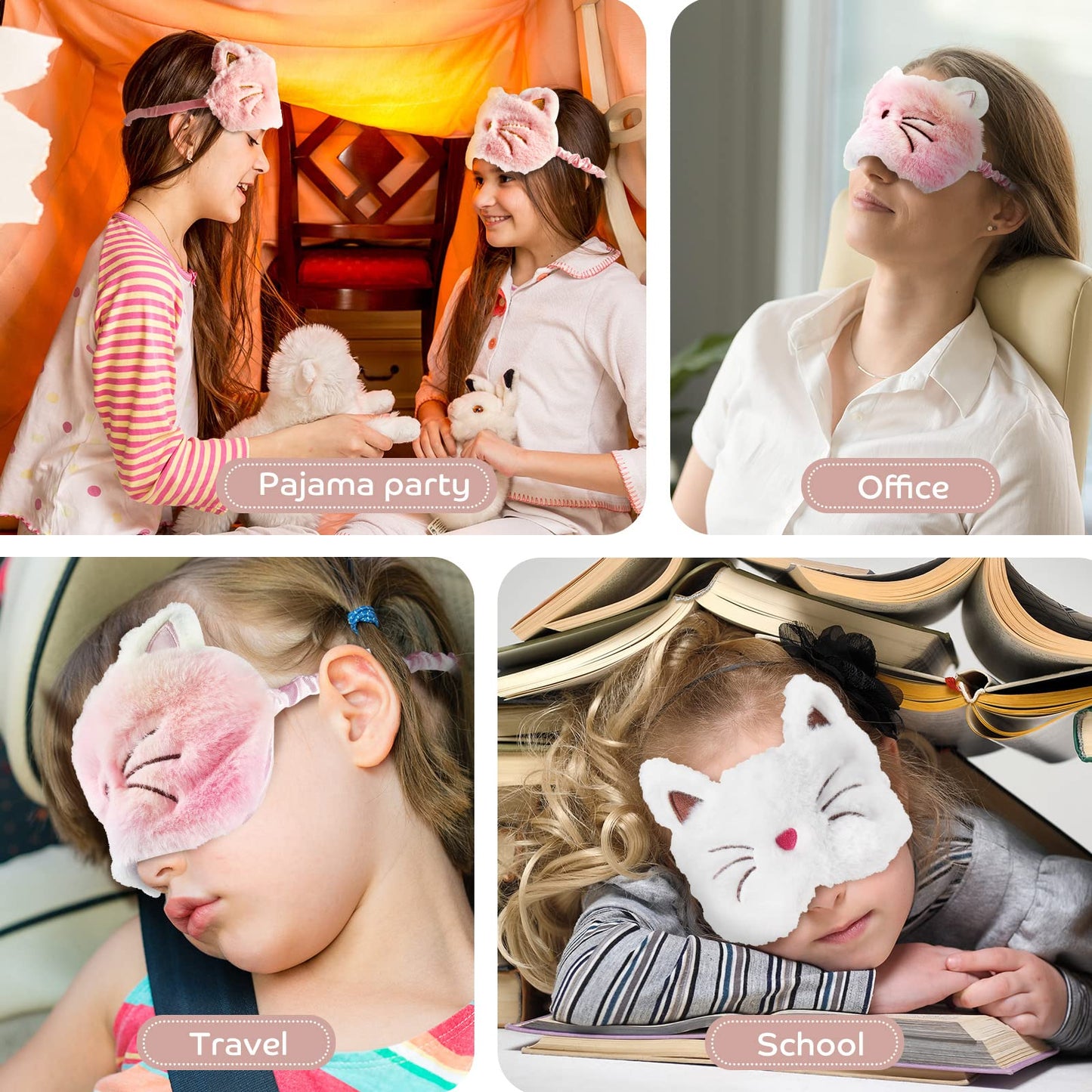 3 Pieces Sleep Mask for Kids, Girls Plush Sleeping Eye Cover Soft Eye Blindfold Cover Animal Shade for Kids(White, Pink and Rainbow Color,Cat Style)