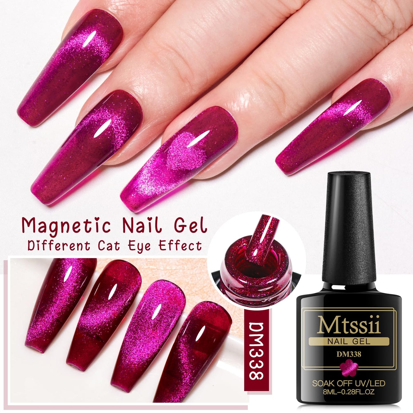 MTSSII Hot Pink Gel Nail Polish and Cat Eye Gel Nail Polish Spring Summer Hot Pink Red Purple Reflective Glitter Gel Polish for