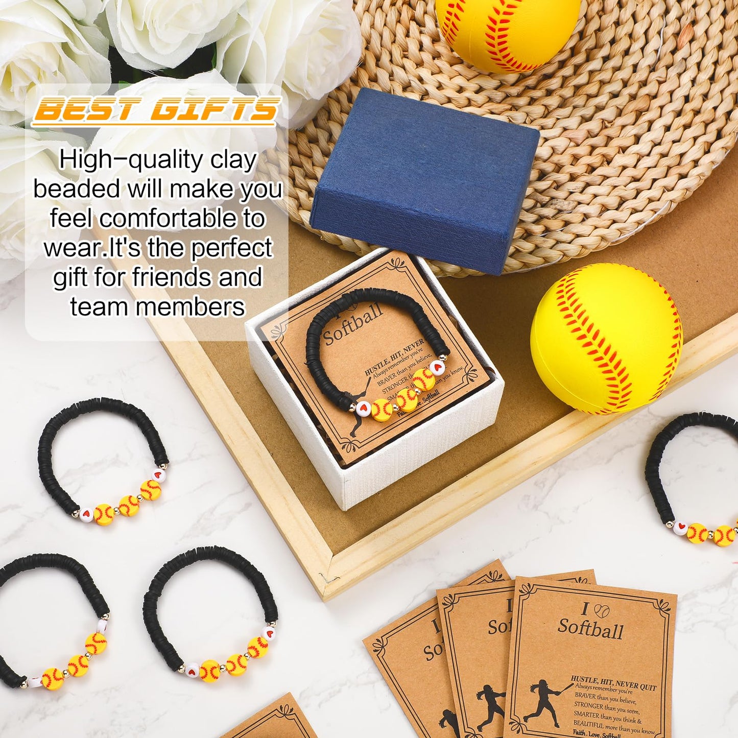 Ecation 20 Set Sport Softball Bracelets Team Gift Bulk Adjustable Bead Ball Charm Bracelet with Inspirational Card for Sport Sof
