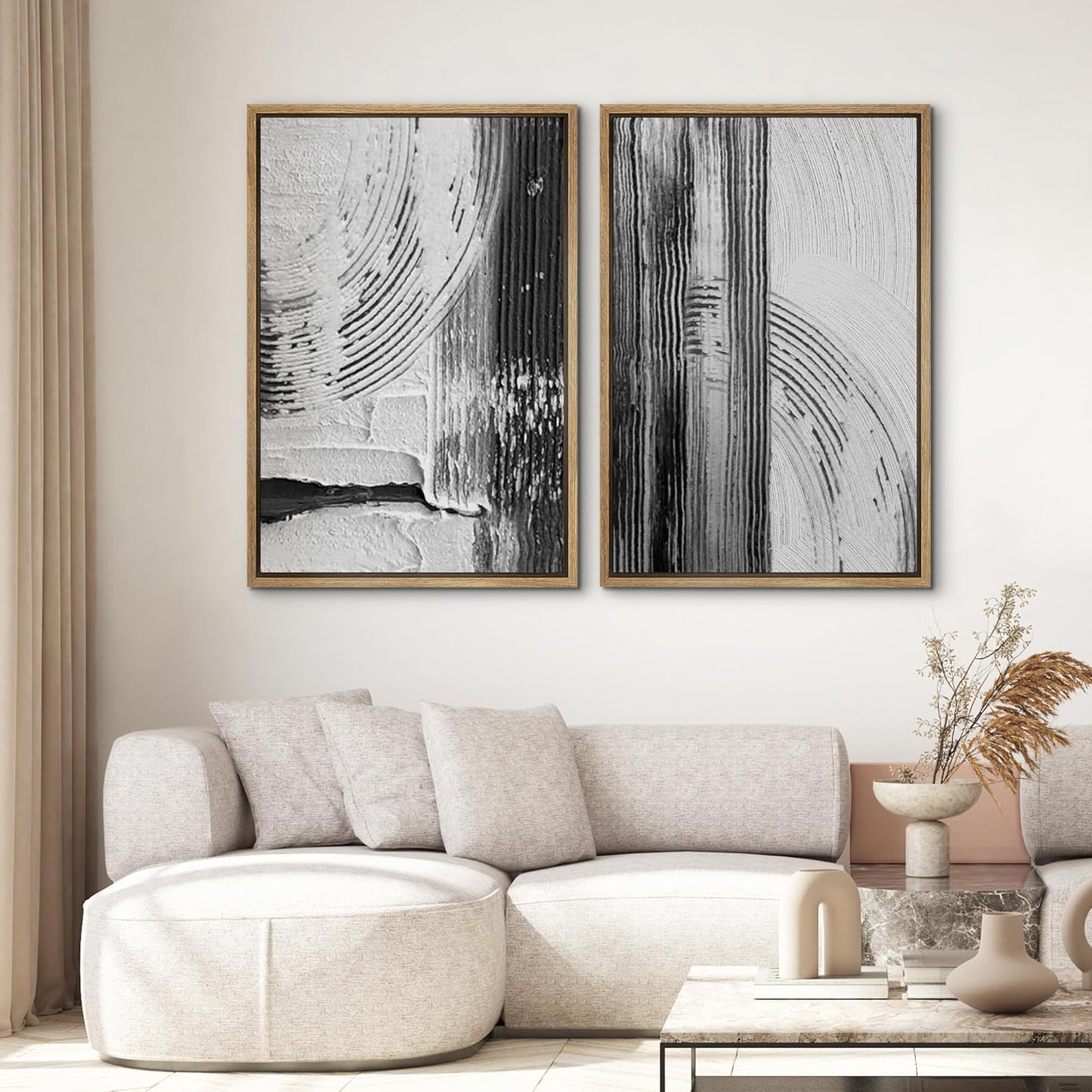SIGNWIN Framed Canvas Print Wall Art Set Black White Industrial Paint Strokes Abstract Shapes Illustrations Modern Art Minimal Decorative Nordic for Living Room, Bedroom, Office - 16"x24"x2 Natural