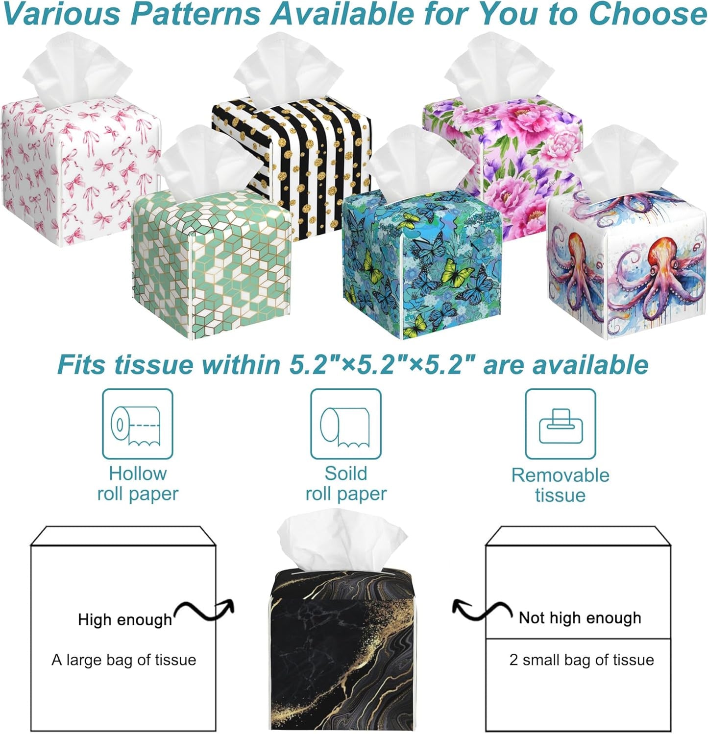 Black Golden Marble Tissue Box Cover Square,Leather Tissue Holder with Bottom Belt,Waterproof Facial Paper Organizer Tissue Box Cover for Home Office Bathroom Vanity Countertop,5.2" x 5.2" x 5.2"
