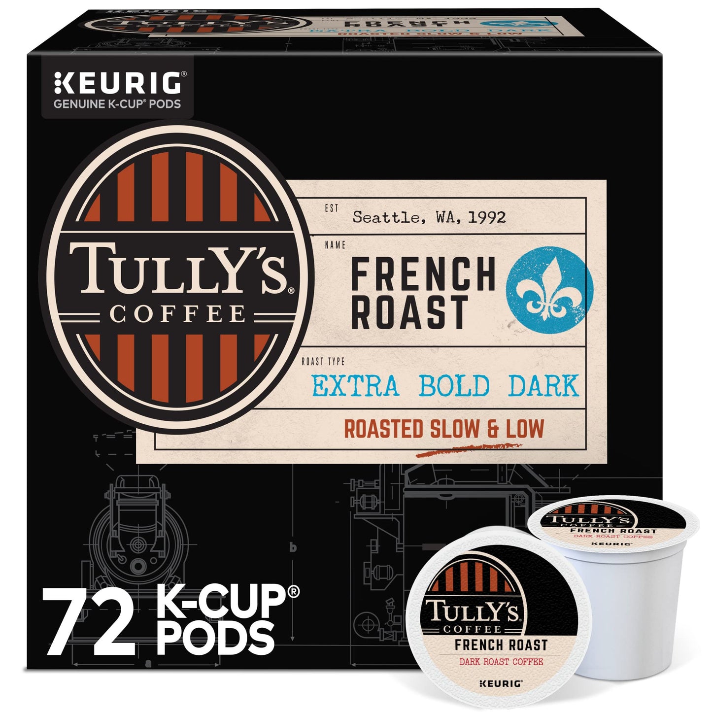 Tully s Coffee French Roast Keurig Single-Serve K-Cup Pods, Dark Roast Coffee, 72 Count