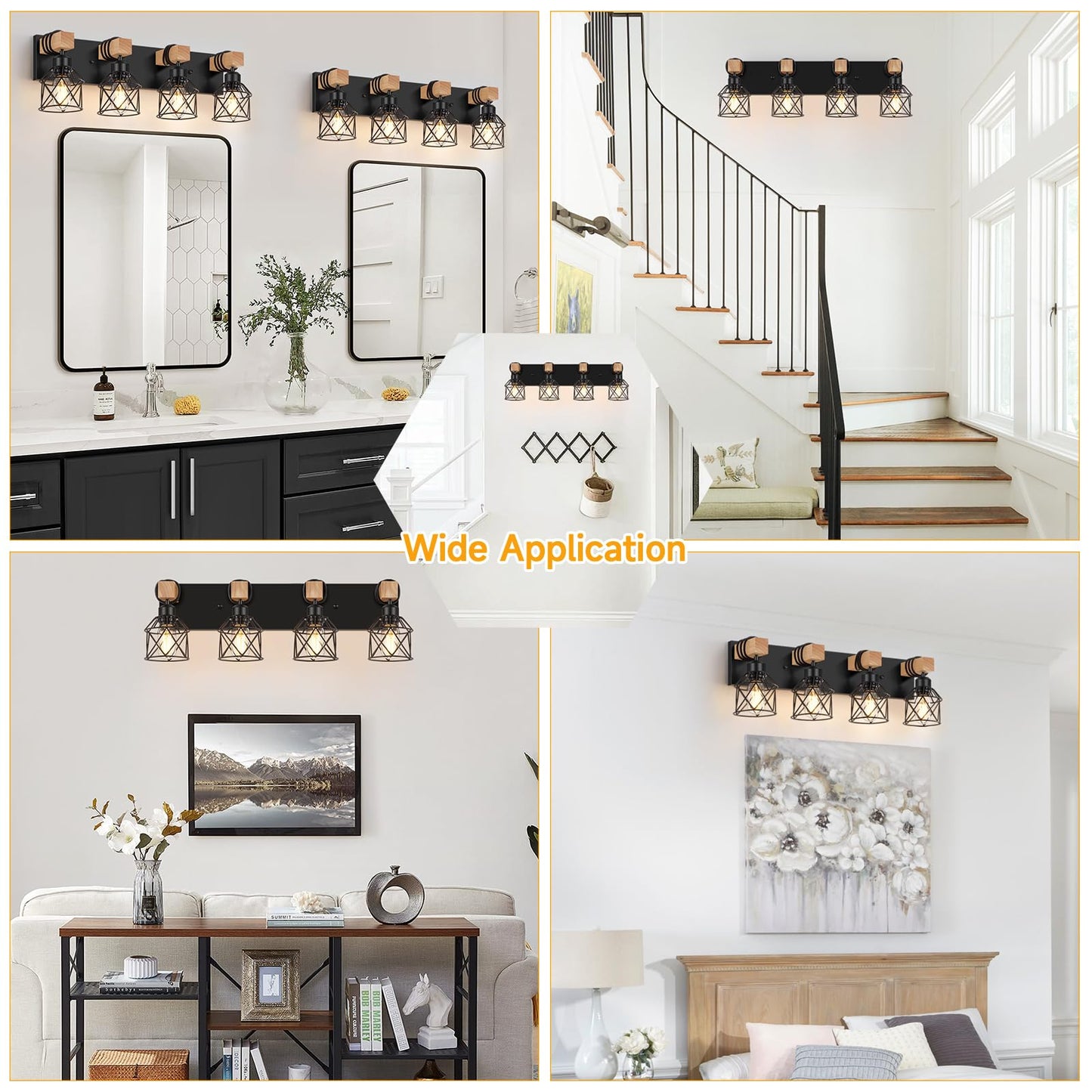 Fadimikoo 4-Light Rustic Wood Bathroom Vanity Light, Black Metal Cage Sconces, Model Fbd-07, Ideal For Hallway & Bedroom
