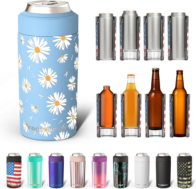 Frost Buddy Universal Can Cooler - Fits all - Stainless Steel Can Cooler for 12 oz & 16 oz Regular or Slim Cans & Bottles - Stainless Steel (Daisy)