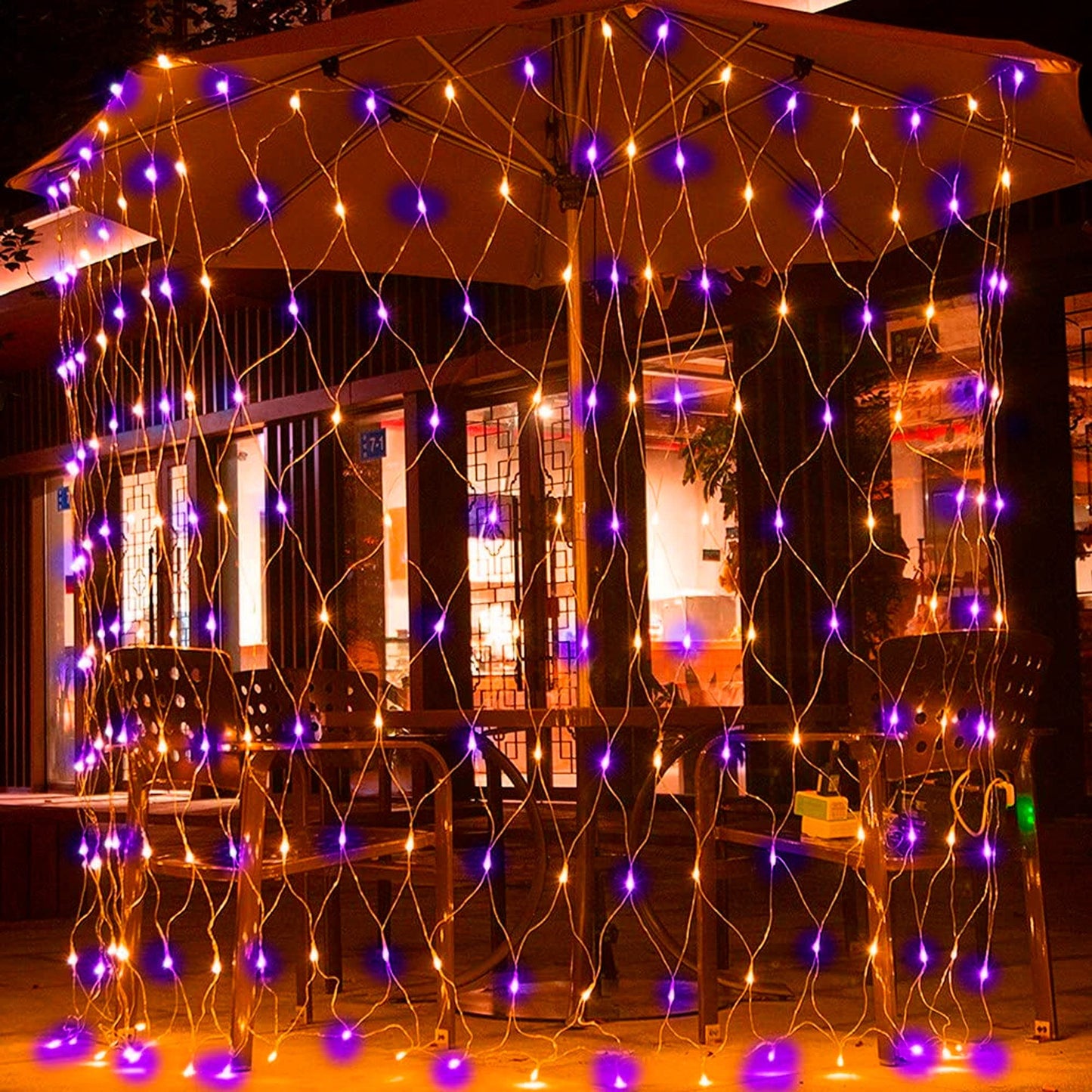 Dazzle Bright 360 LED Net Lights, Waterproof 12FT x 5FT, 8 Modes, Purple & Orange, Model HB-360WCOI, Clear Wire