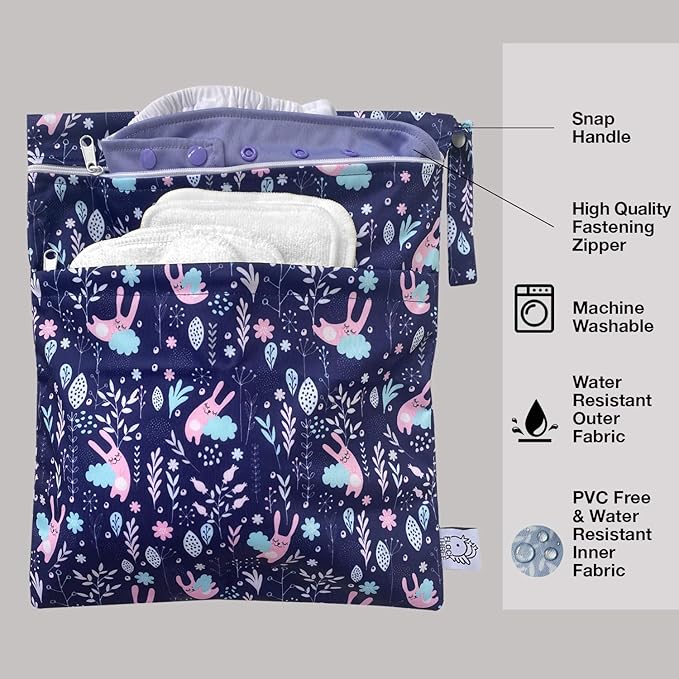 FLOCK THREE 4pcs Waterproof Wet Bag Reusable for Wet Clothes Baby Diapers Stroller Swimsuit Travel Reusable toiletries Pouch Small and Larger Electronics case 4 Pack (Windy Days)