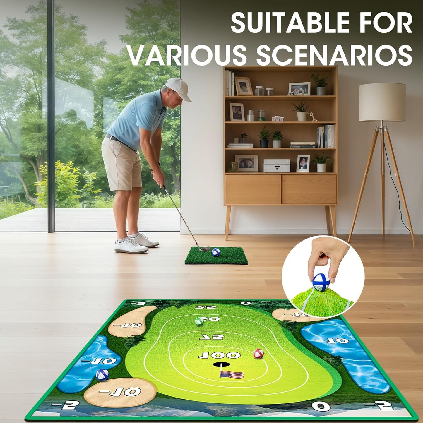Golf Chipping Game 70"x70" Double Sided Golf Game Practice Mat Kits with 20 Sticky Balls, 1 Portable Storage Bag Starting Games Anytime, Ideal Birthdays for Kids Adults(No Club)