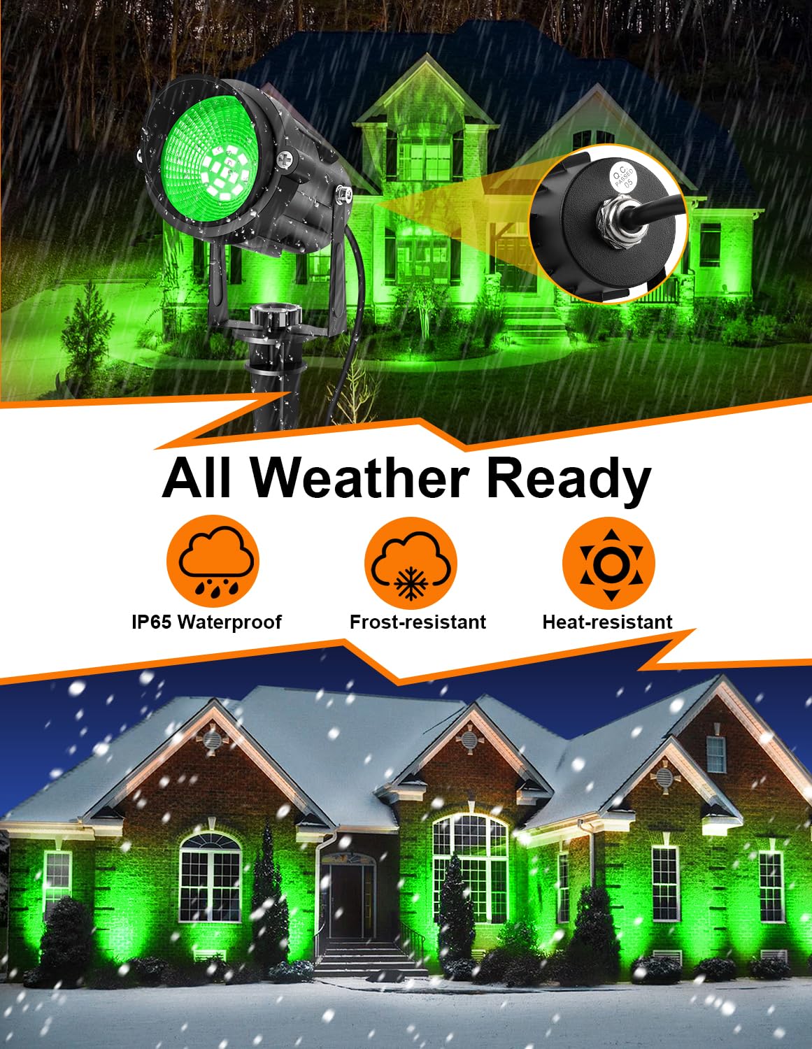CREPOW Christmas Green LED Spot Lights Outdoor, 14 LED Landscape Lighting with US Plug, IP65 Waterproof Spotlights for Tree Yard Garden Pathway Halloween St. Patrick's Day Flag Decor 2 Pack