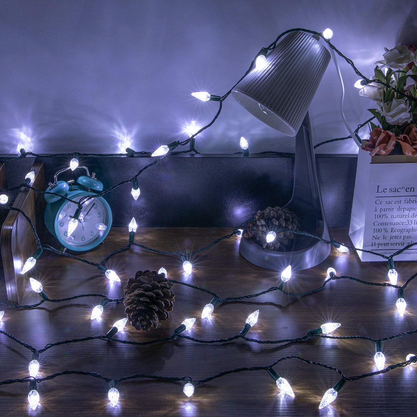 AWQ 100LED C6 Christmas String Lights, 33 FT, Waterproof, 8 Modes, Timer, White, Model JT-EL/FC300V0300