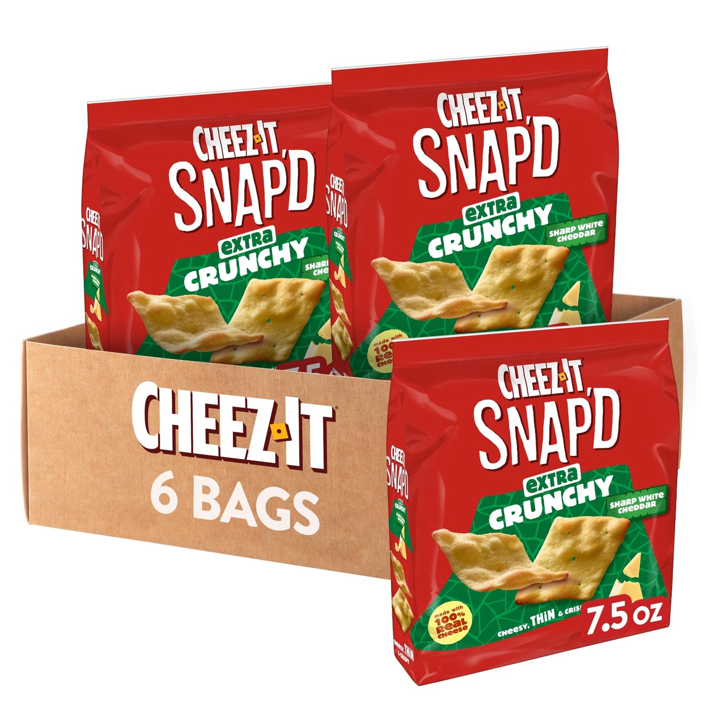 Cheez-It Snap d Cheese Cracker Chips, Thin Crisps, Extra Crunchy, Sharp White Cheddar (6 Bags)