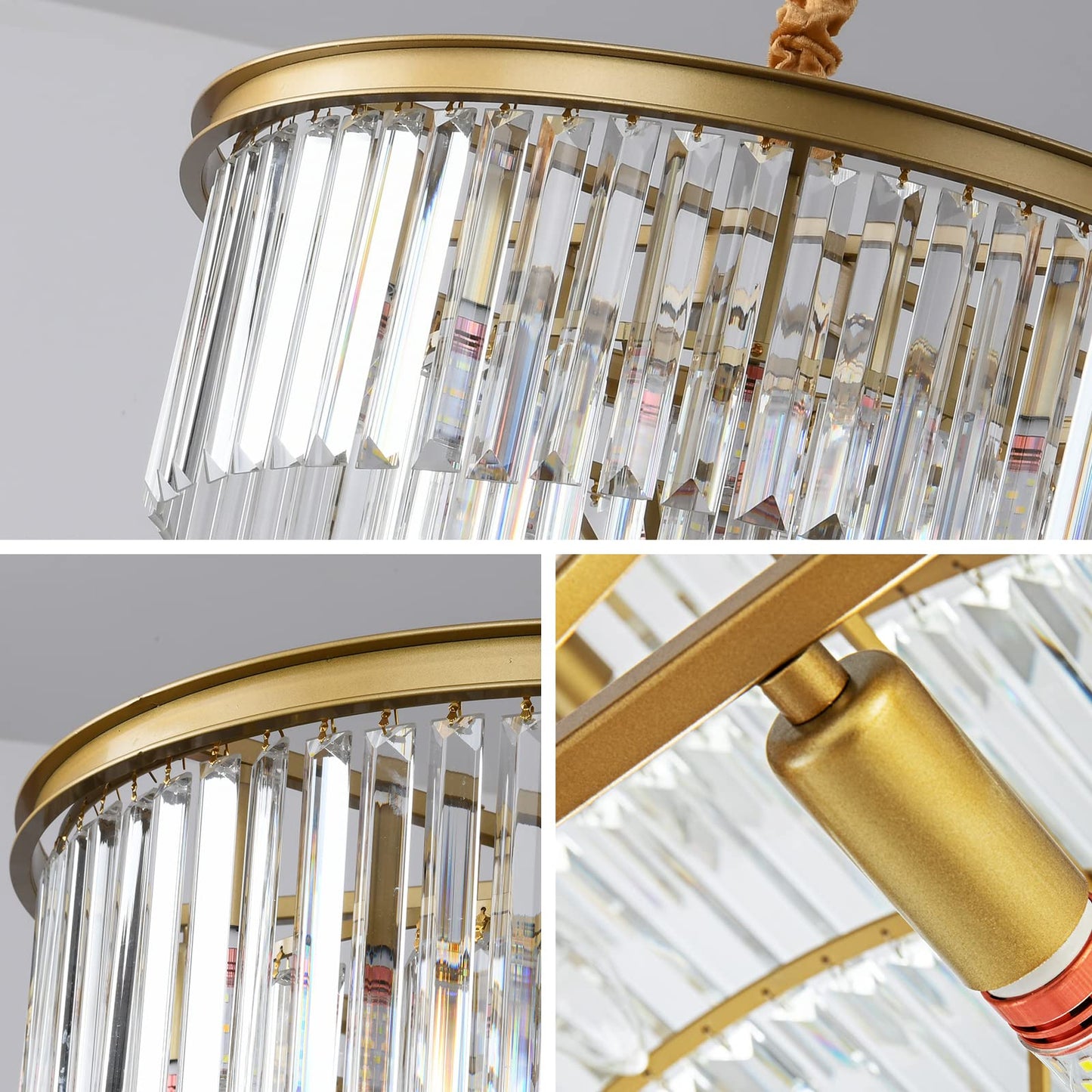 Laiuetai Gold Modern Crystal Chandelier  3-Tier Round Flush Mount Ceiling Light Fixtures Height Adjustable Pendant Lighting For Dining Room Living Room Bedroom Kitchen Hotel Foyer