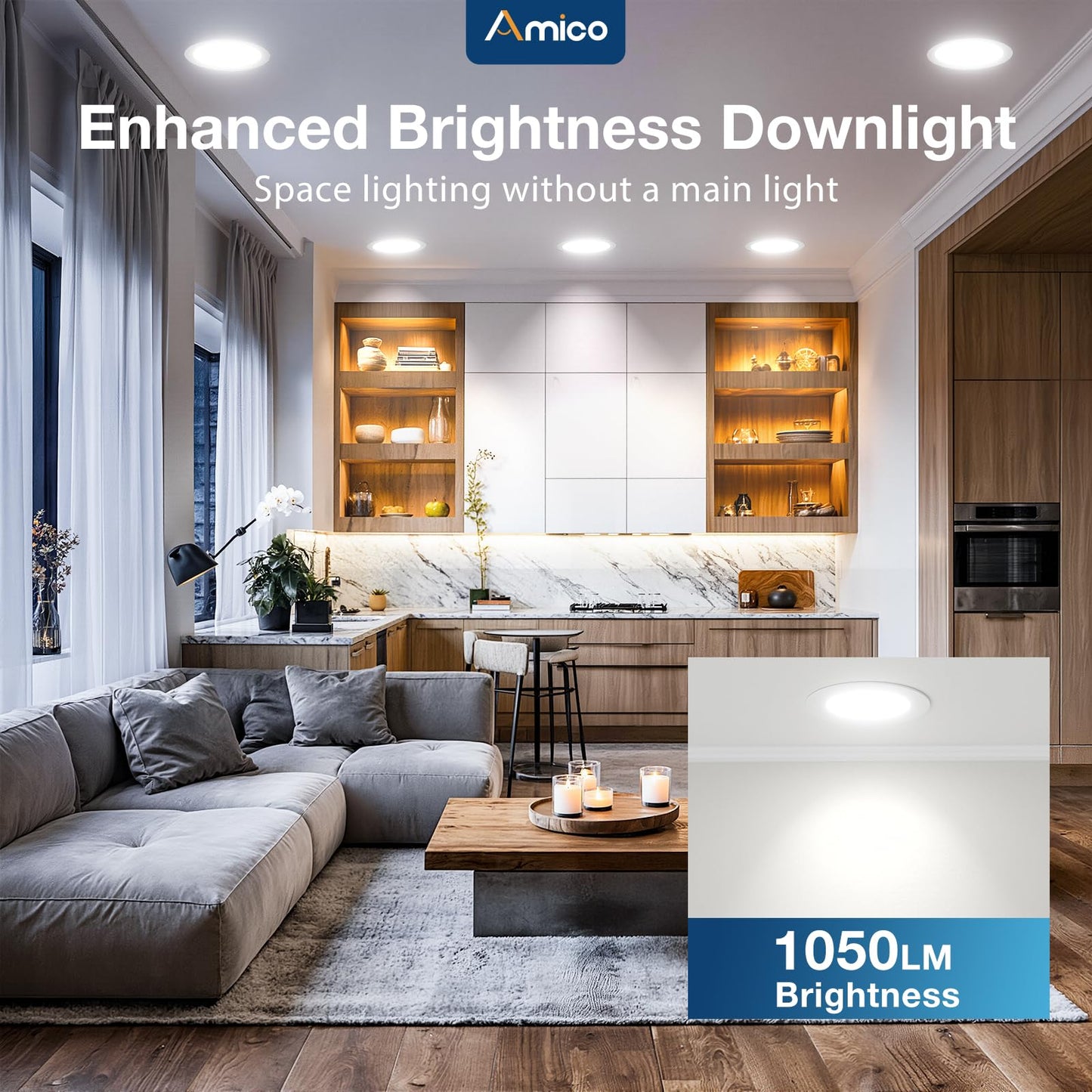 Amico 6 Pack 6 Inch 5CCT Ultra-Thin LED Recessed Ceiling Light with Metal Junction Box, 2700K-5000K Selectable, 12W Eqv 110W, Dimmable Canless Wafer Downlight with Plastic Trim, 1050 Lumens -ETL&FCC