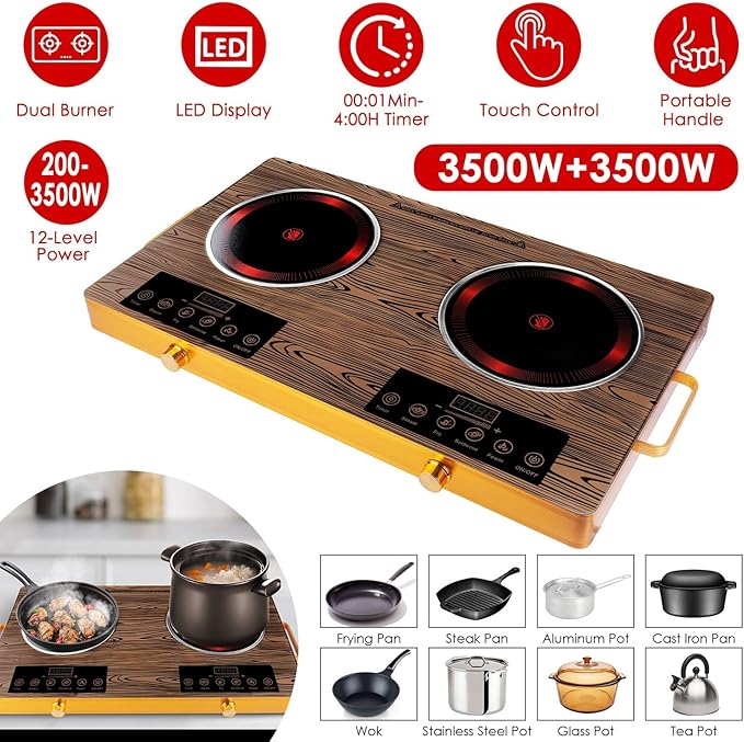 Double Burner Infrared Electric Cooktop, 3500W Ceramic Hot Plates for Countertop, 11 Power Levels 0-4H Timer, LED Display, Portable Handle, Portable Stove for Home RV Camping(Wood)