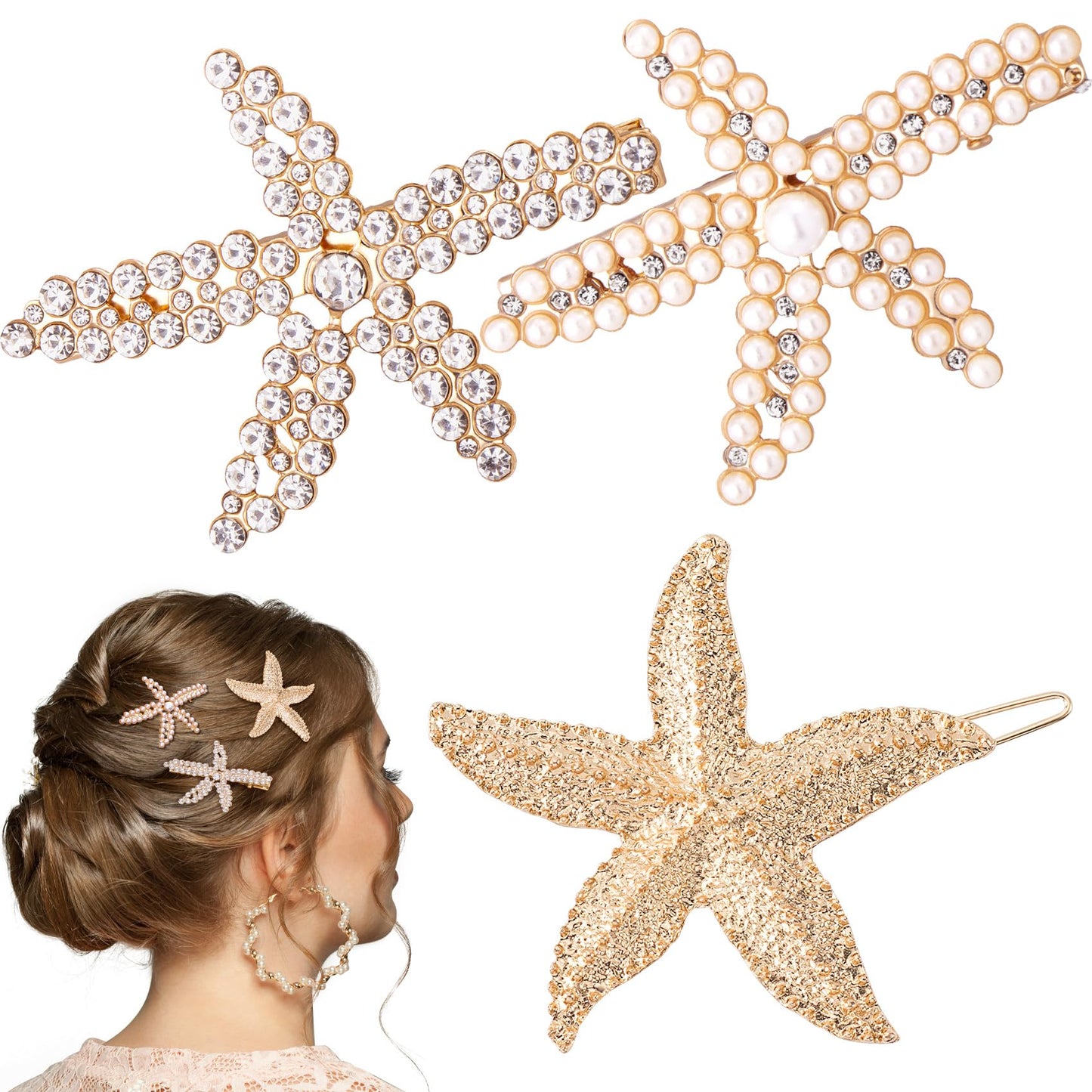 PAGOW 3 PCS Starfish Hair Clips, 3 Styles Gold Rhinestone Hair Clips, Faux Pearl Crystal Sea Star Wedding Headpiece Hair Accesso