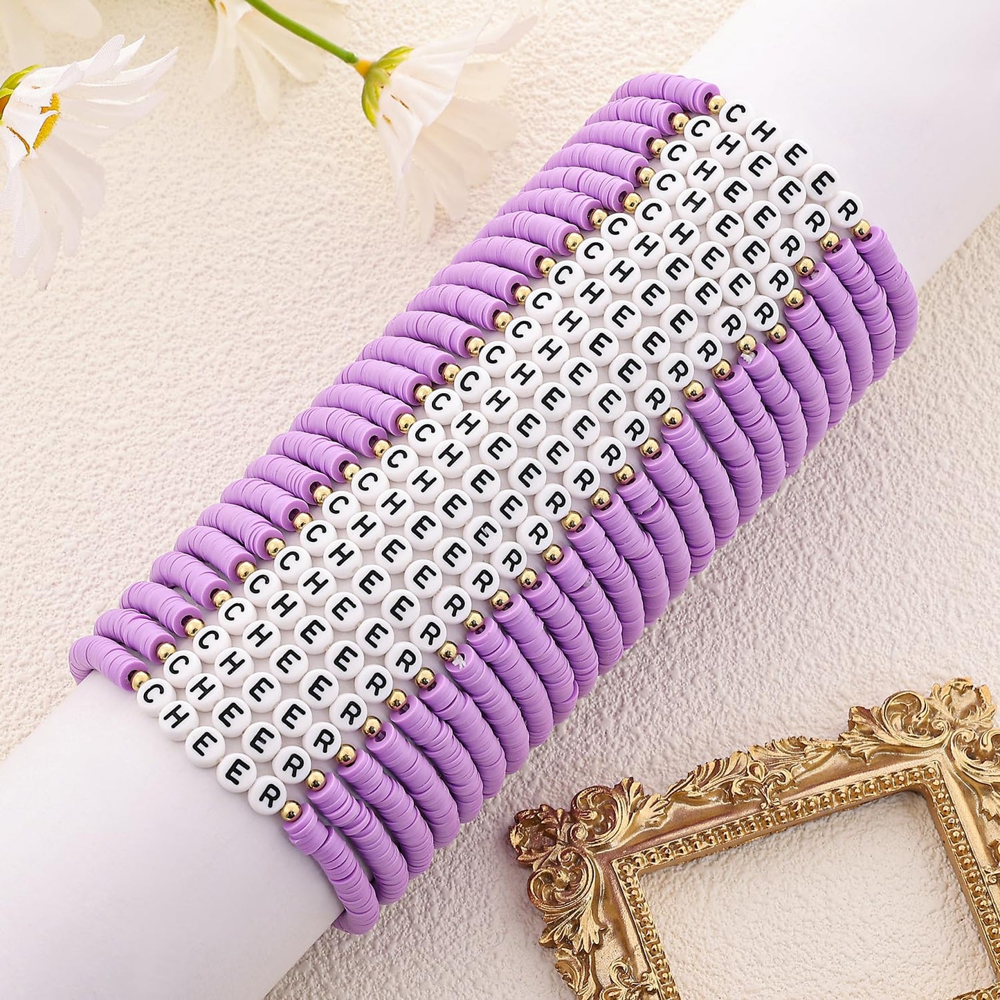 Cooluckday 24 Pcs Cheer Gifts Bulk for Team Cheer Bracelets Stackable Clay Y2k Friendship Bracelets(Purple)