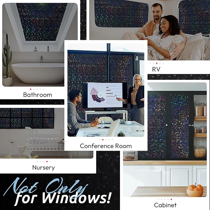 rabbitgoo Blackout Rainbow Window Privacy Film Decorative Stained Glass Diamond Pattern Window Sticker with Iridescent Tint Non-Adhesive Static Cling for Home Office Bathroom, 23.6 x 78.7 inch, Black