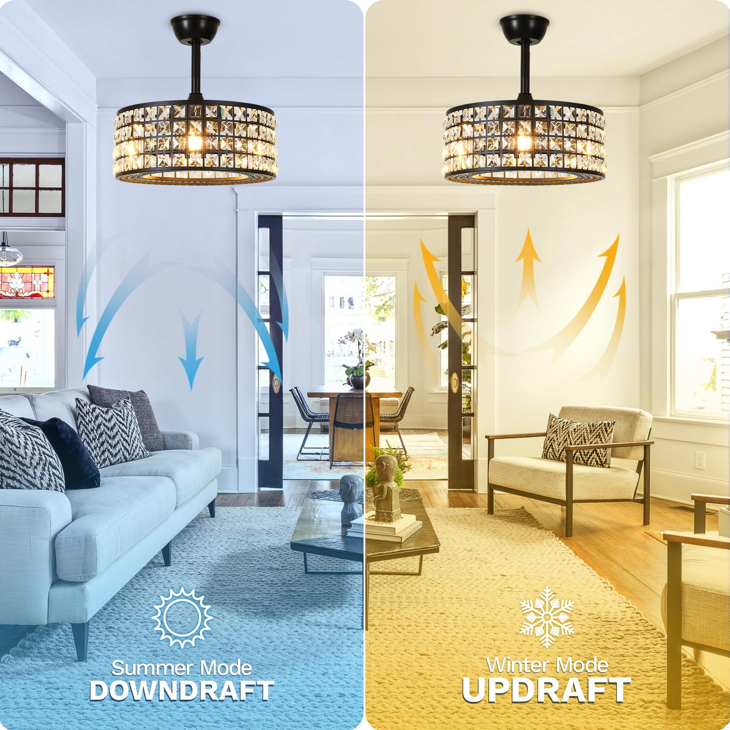 Dwvo 18 Crystal Caged Ceiling Fans With Lights, Enclosed Modern Ceiling Fan With Remote Control Reversible Industrial Chandelier