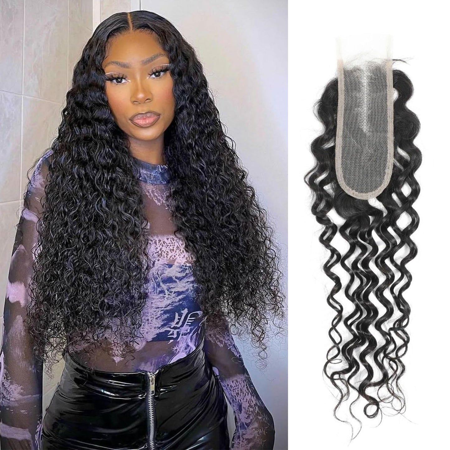 DSEKCAIN 2x6 HD Lace Closure Water Wave Human Hair Water Wave Transparent Lace Closure 2x6 Long Middle Part 100% Raw Virgin Huma