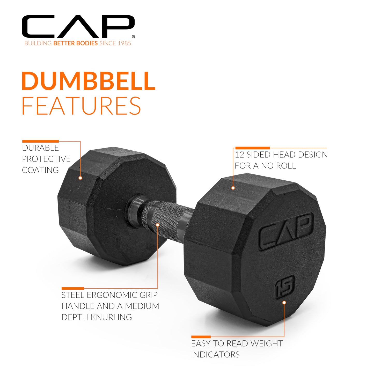 CAP Barbell 12-Sided Coated Dumbbell with Black Handle, Single, 15 LB