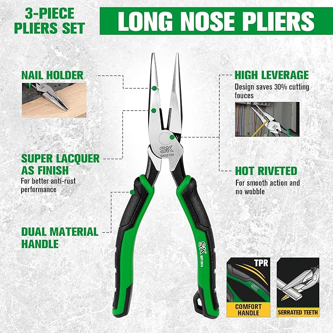 SK 3-Piece Pliers Set, 9.5-Inch Linesman, 8-Inch Diagonal & Needle Nose Pliers, High Carbon Steel, Ergonomic Anti-slip Handle, with Rolling Pouch