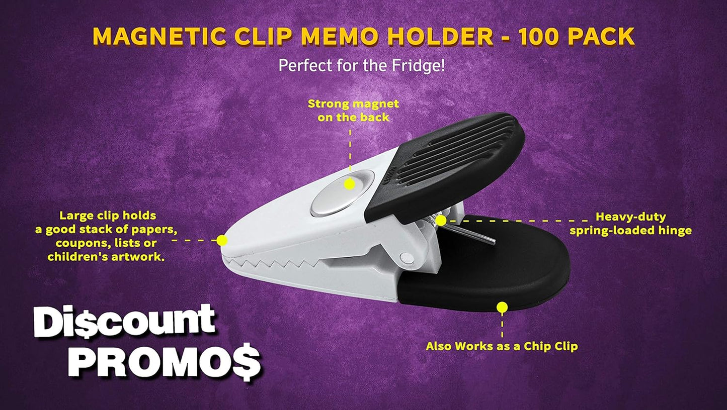100 Magnetic Memo Holders Set - Customizable Text, Logo - Large Clip, Plastic - White Black
