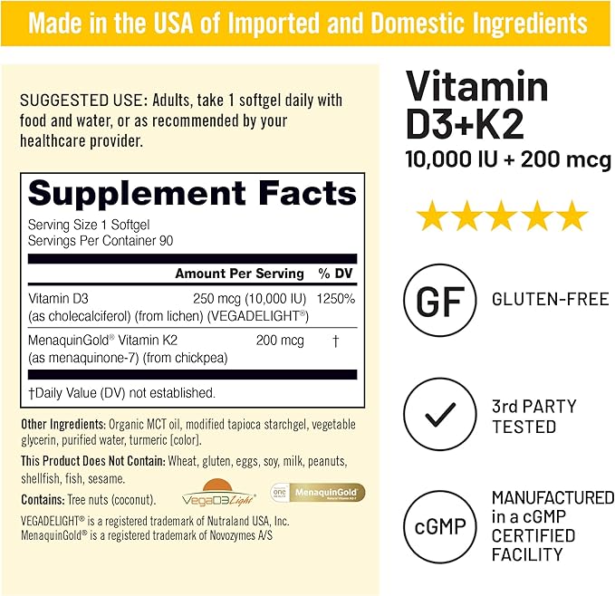 NatureWise Vegan Vitamin D3 + K2 in Organic Coconut MCT Oil - Organic D3 10000IU + Natural K2 100mcg - High Absorption Bone Support - Non-GMO - USA Manufactured - 90 Softgels[90-Day Supply]