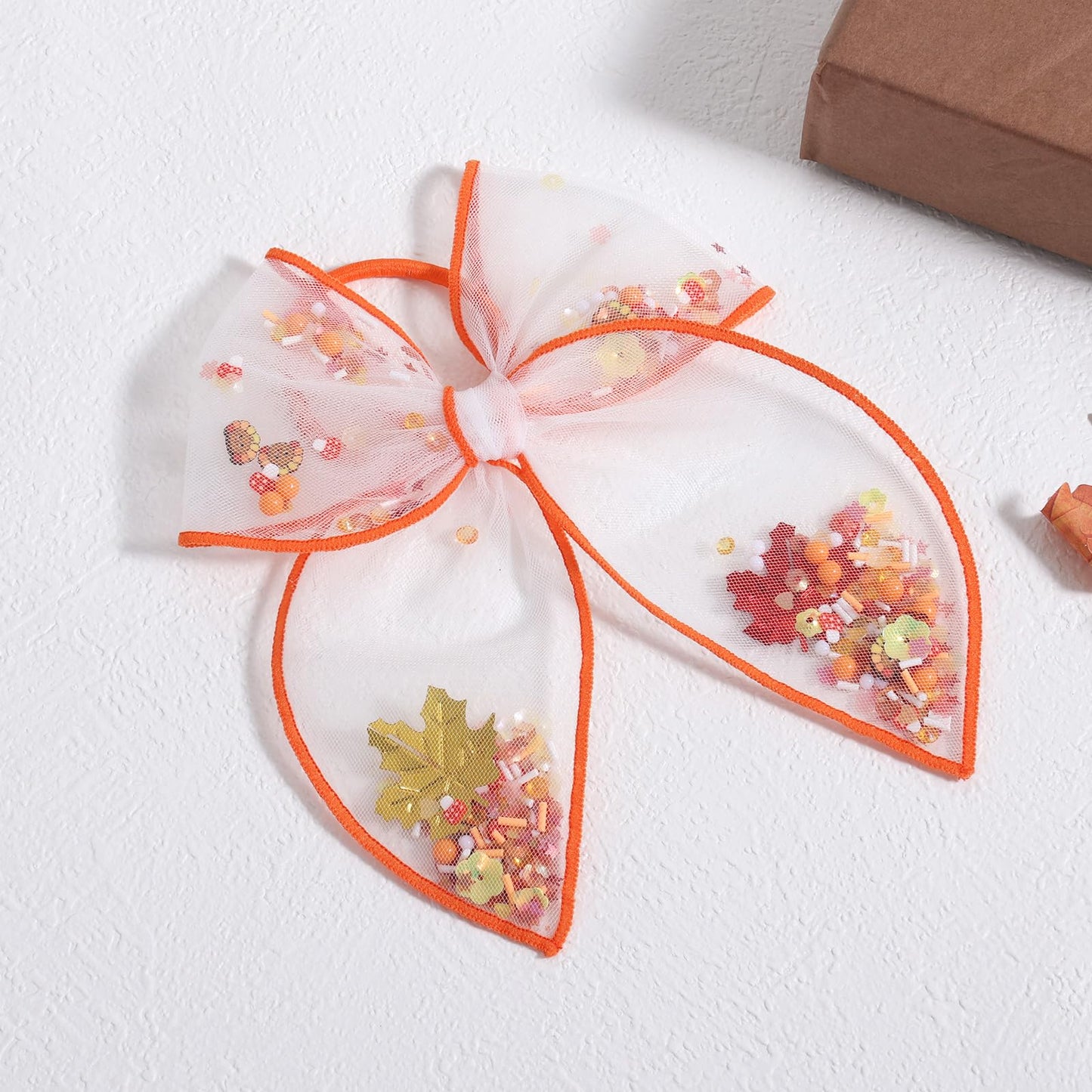 Happy Fall Thanksgiving Turkey Hair Bow Tie for Women Girls 5.5 Mesh Shaker Fable Bow Ponytail Holder Elastic Band,Autumn Holida