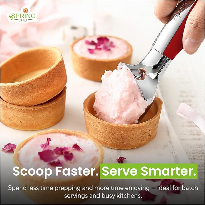 Spring Chef Heavy Duty Metal Ice Cream Scoop - Dishwasher Safe Ice Cream Scooper, Commercial Icecream Scoop Spade, Professional Kitchen Tool for Gelato, Melon, Sundae, Cookie Spoon - Red