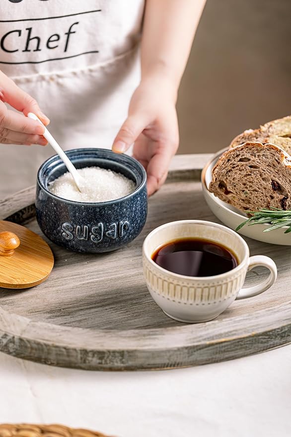 LYEOBOH Sugar Bowl with Lid and Spoon,17 OZ Large Sugar Jar for Countertop, Ceramic Sugar Dish for Coffee Bar, Azucarera for Farmhouse Home and Kitchen - Housewarming Gift, Starry Navy