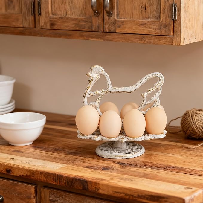 Vintage Cast Iron Chicken Egg Holder, Rustic Farmhouse Kitchen Decor Egg Tray, Heavy Duty Retro Decorative Table Display Stand for 8 Eggs (White with Gold)
