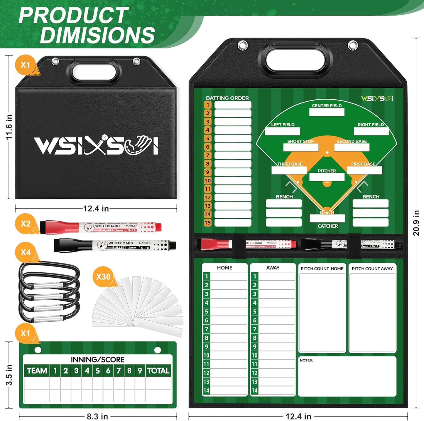 Magnetic Baseball Lineup Board for Dugout | Professional Baseball/Softball Clipboard for Coaches, Foldable | Leather Cover | Carry Handle | Detachable Scoreboard | 30 Lineup Cards