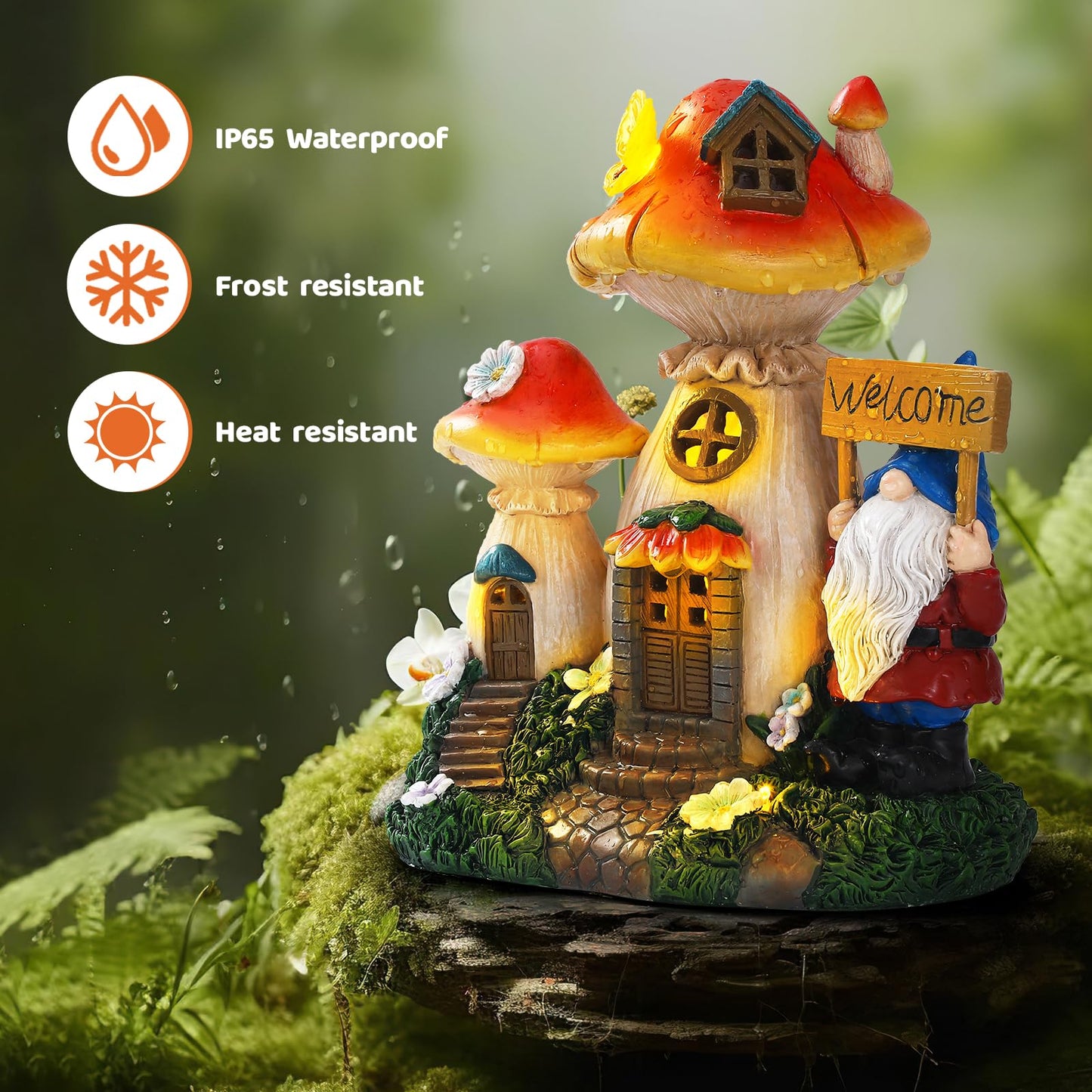 Json Solar Garden Statue Lights Mushroom Fairy House Figurine  Outdoor Memorial Garden Ornaments Waterproof Decoration For Outside Patio Yard Lawn Decor
