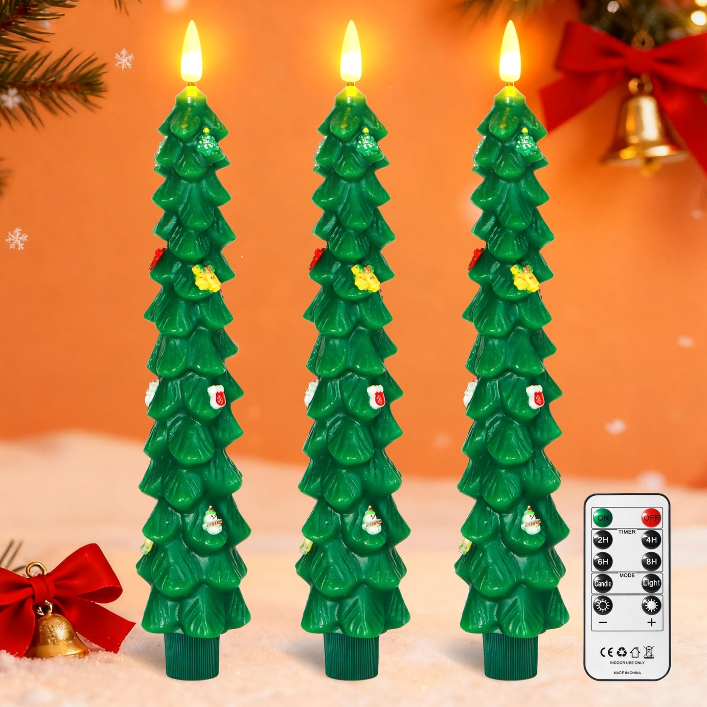 Daord 3 PCS Christmas Tree Taper Candles with Remote & Timer, Flameless Christmas Tree Wax Battery Operated Green Tree LED Candle for Christmas Home Decor(3pcs,9.5inch)