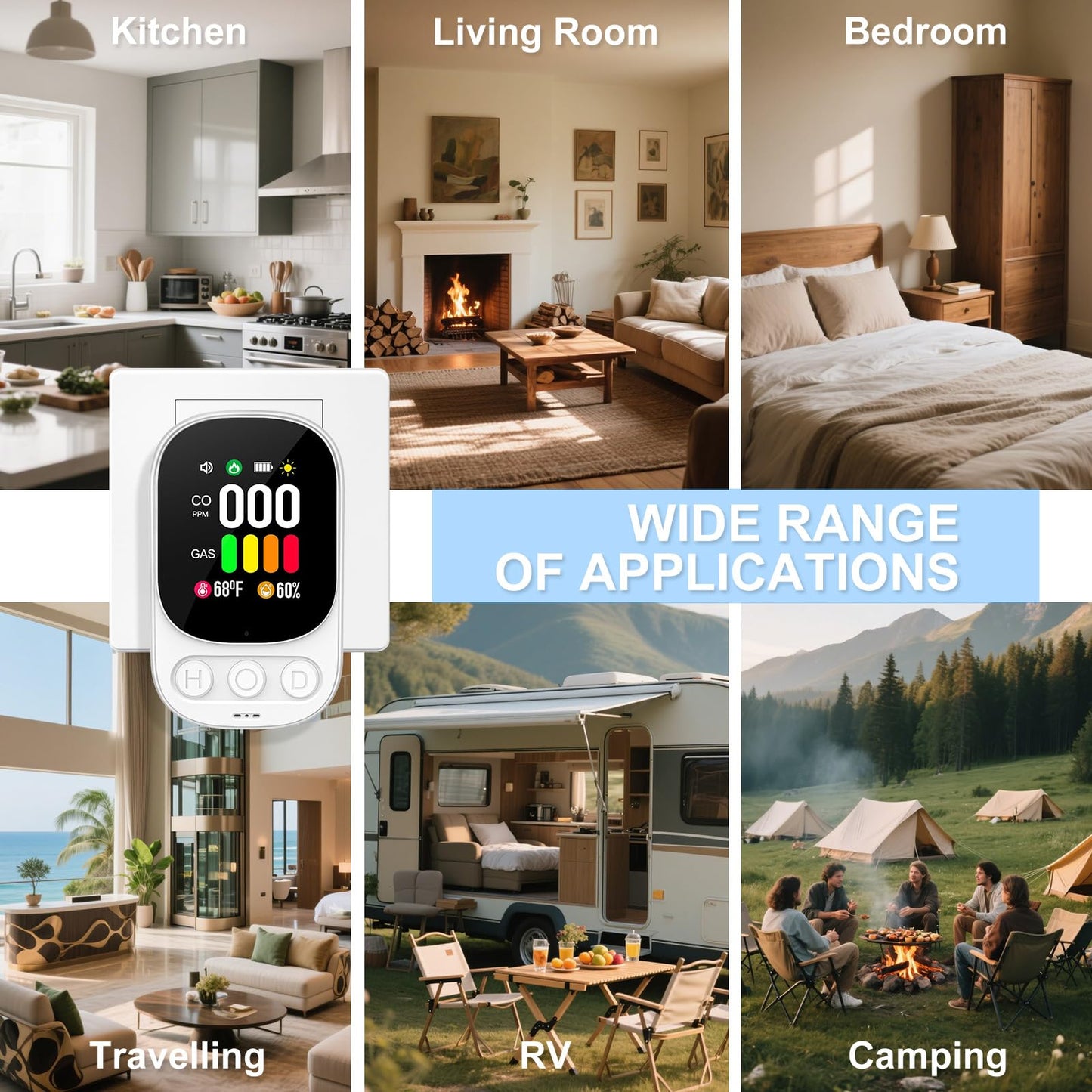 Carbon Monoxide Detectors Plug in & Natural Gas Leak Detector, 4-in-1 Portable Carbon Monoxide Alarm Propane Gas Detector, Temp Humidity, HD Screen CO Detector for Travel Home Hotel Camping RV (White)
