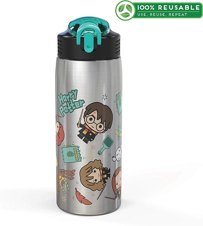 Zak Designs 27oz Harry Potter 18/8 Single Wall Stainless Steel Water Bottle with Flip-up Straw and Locking Spout Cover, Durable Cup for Sports or Travel (27oz, Harry Potter)