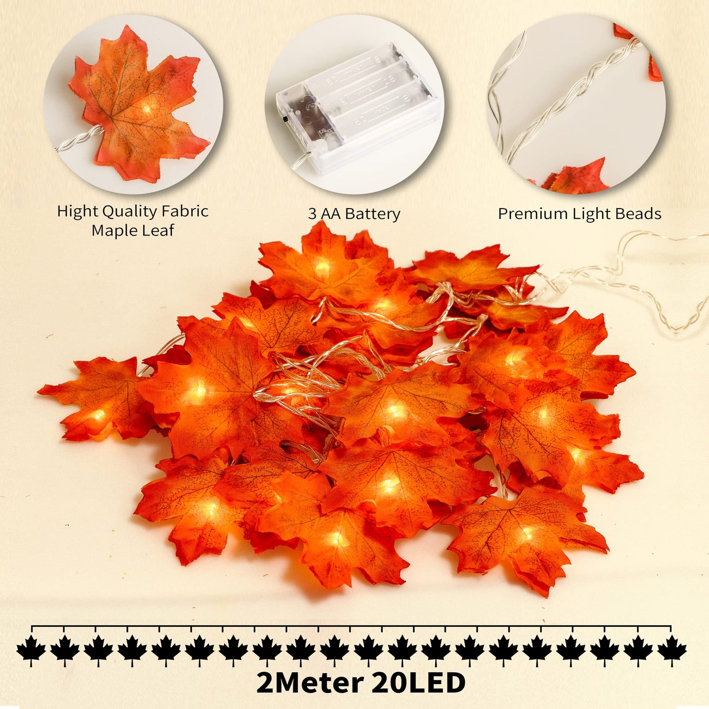 JamBer LED Maple Leaf Garland Lights, 20 Leaves, 7.4 Feet, Waterproof, Battery Powered, Large, Original