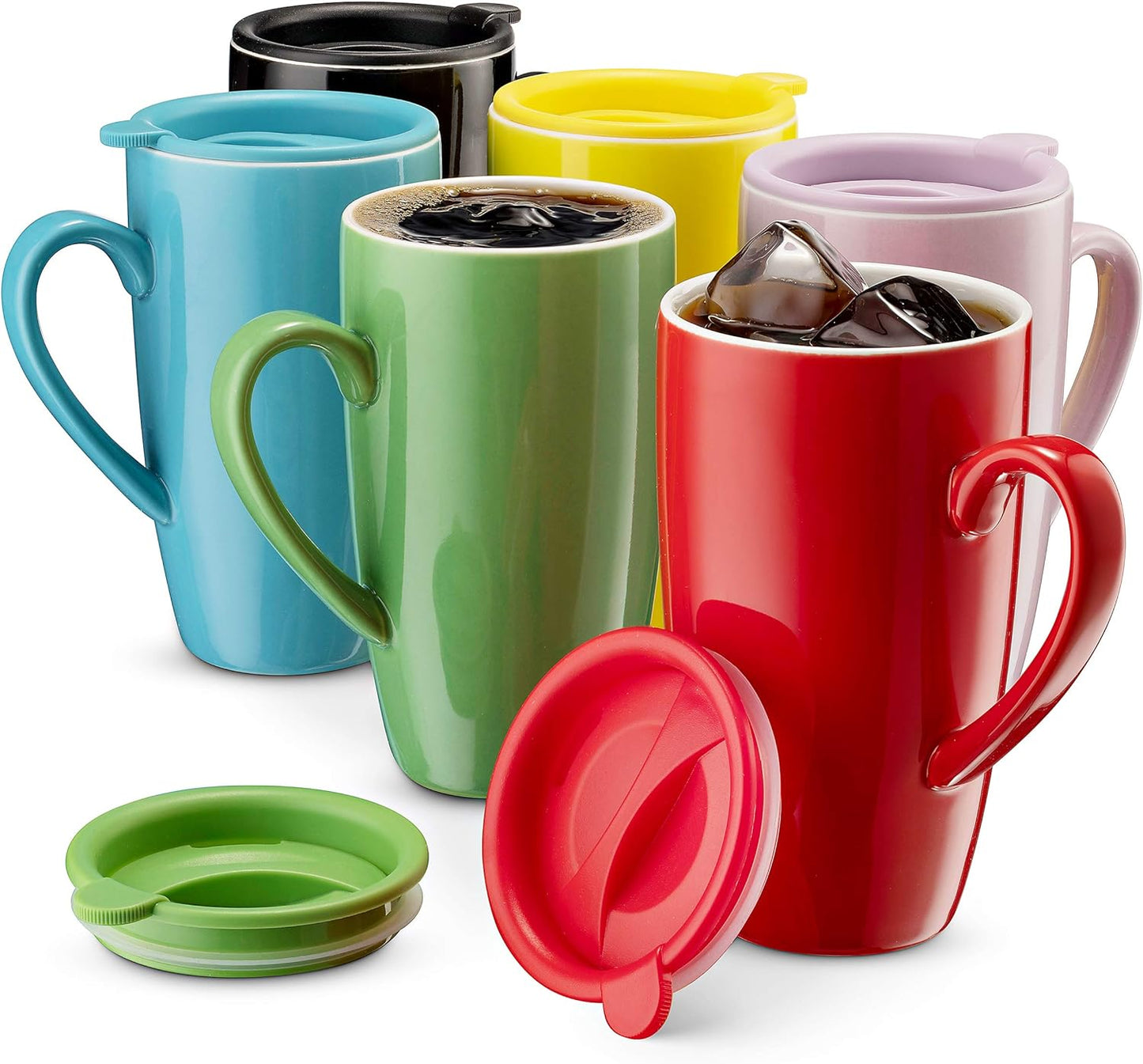 MITBAK 6-Pack Ceramic Coffee Mug Set with Lids (16-Ounce) | Large Colored Insulated Tumbler Mugs Set Great for Taking Your Coffee & Tea To-Go | Excellent Choice for Camping, Travel & Office